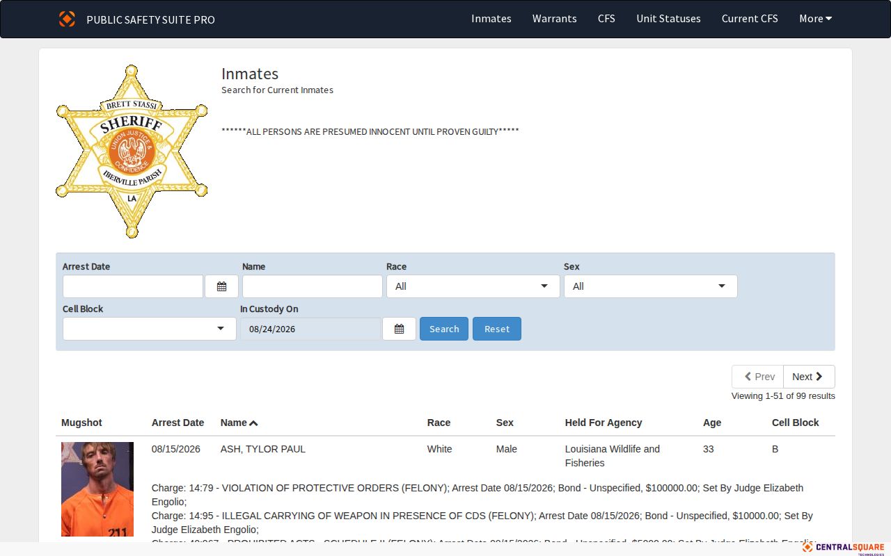 Iberville Parish current inmate roster and booking record search